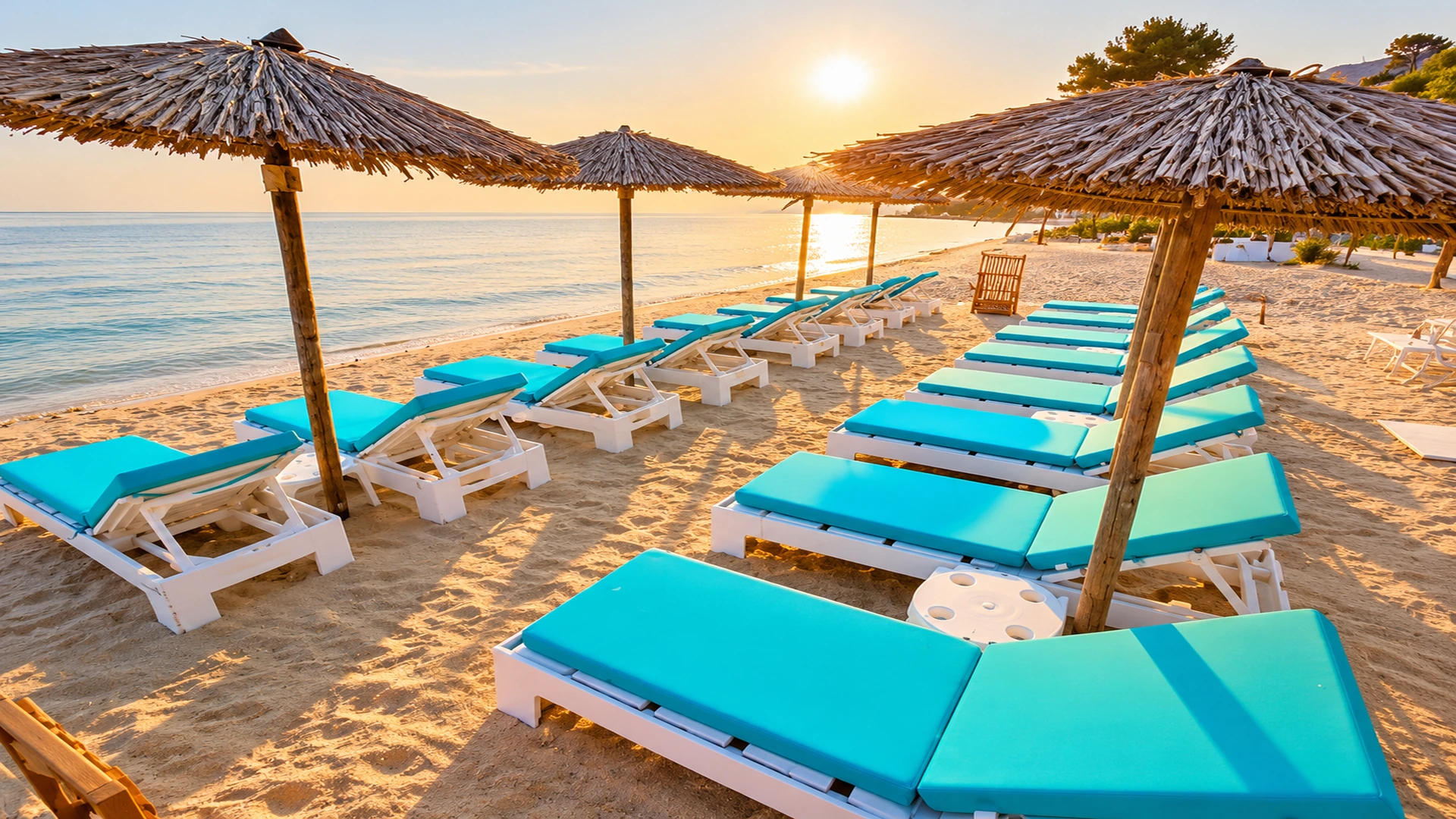 Turquoise sunbeds and straw parasols beside the sea at golden hour